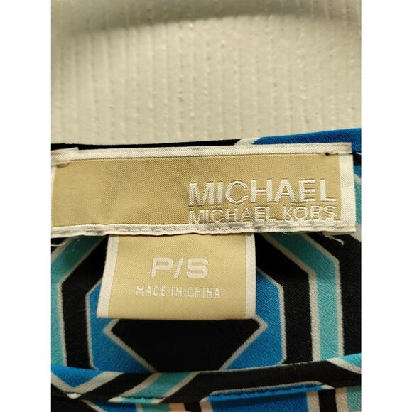 Michael Kors Women's Size Small Petite Blue Funky Retro Geometric Pattern Top - Picture 6 of 7
